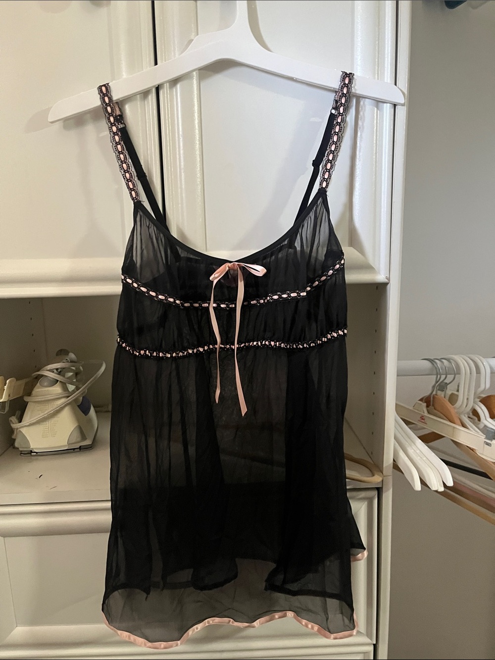 Victoria's Secret Black Sheer Babydoll Chemise with Pink Trim